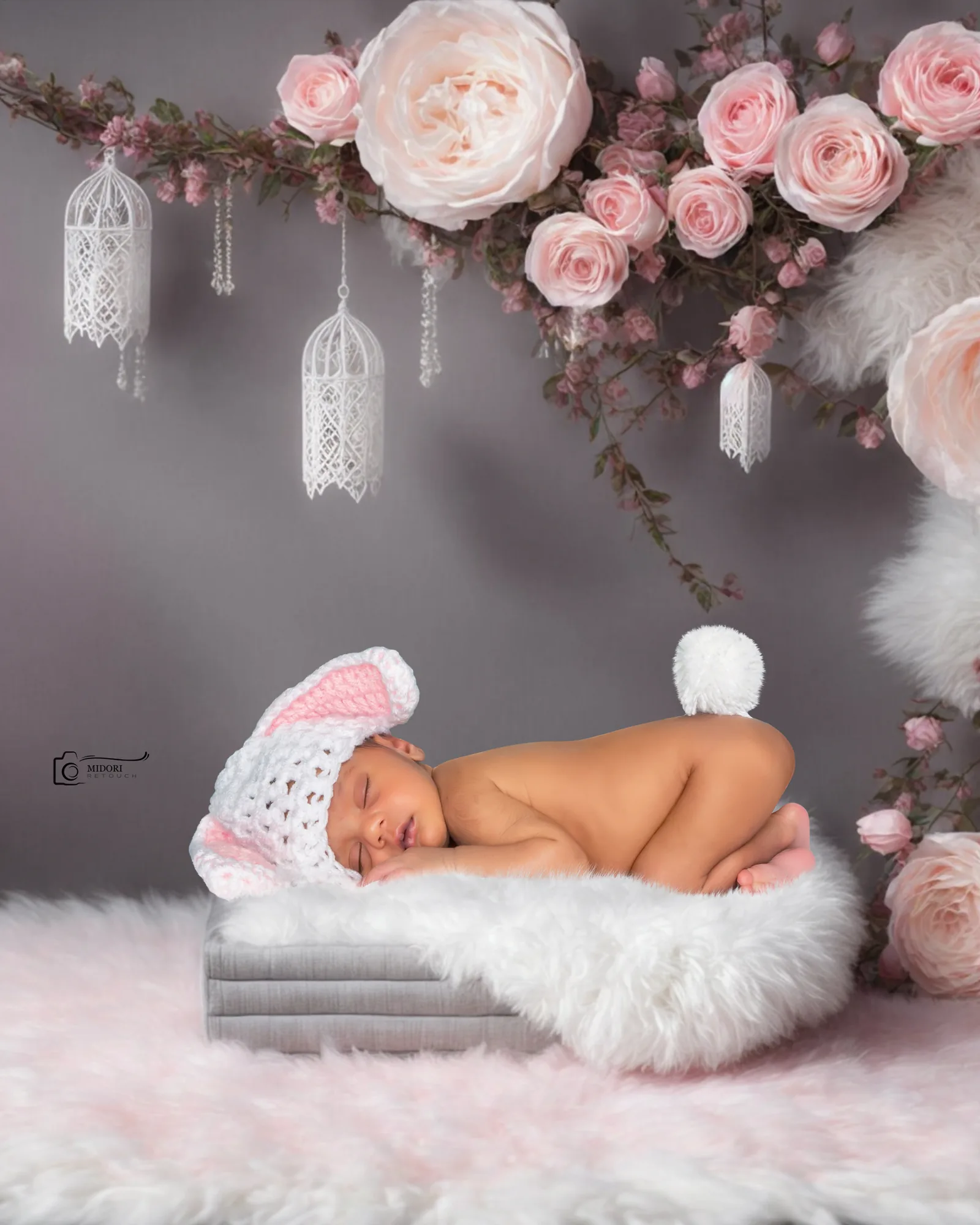 Newborn portrait in a pink floral set after creative photo compositing