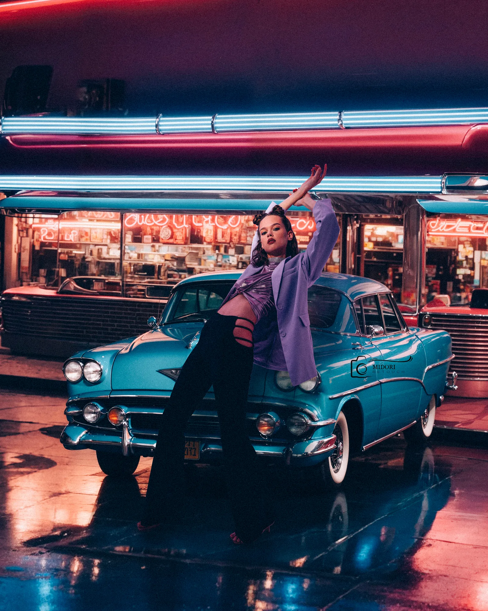 Fashion model placed into a neon diner and vintage car scene after professional compositing