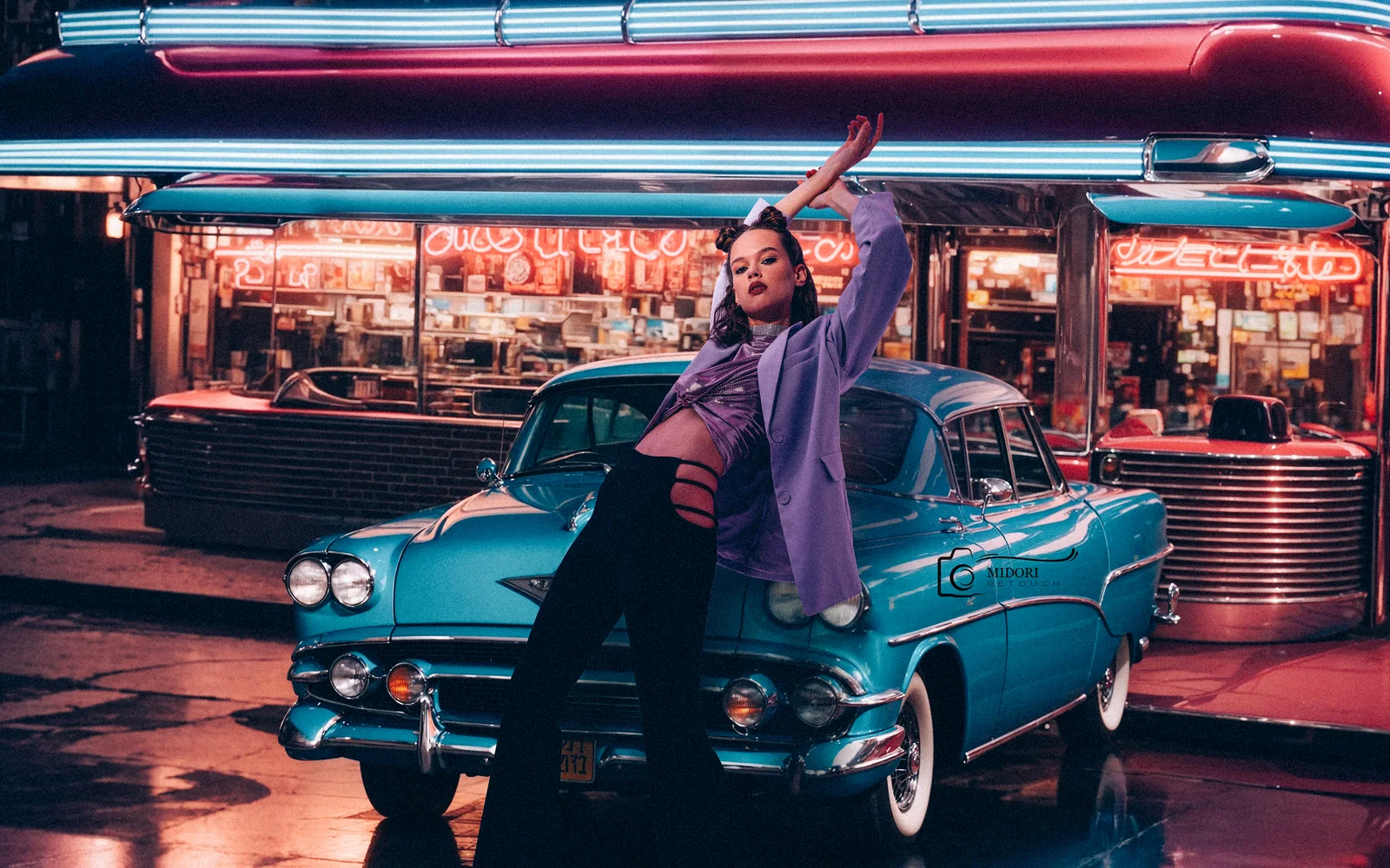 Fashion model integrated into a neon diner scene in a realistic photo composite by Midori Studio